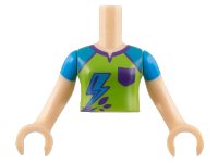 LEGO part Torso Mini Doll Girl Lime Top with Dark Azure Lightning, Dark Purple Pocket Pattern, Light Nougat Arms with Hands with Dark Azure Sleeves FTGpb176c01