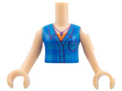 LEGO part Torso Mini Doll Girl Dark Azure Plaid Shirt over Orange T-Shirt, Dark Purple Lightning Necklace Pattern, Light Nougat Arms with Hands (FTGpb178c01)
