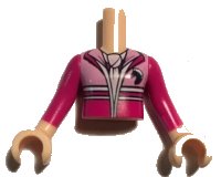 LEGO part Torso Mini Doll Girl Bright Pink and Magenta Jacket with Horse Head Logo, White Scarf Pattern, Light Nougat Arms with Hands with Magenta Long Sleeves FTGpb205c01