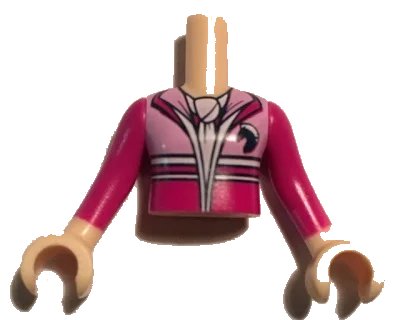 LEGO onderdeel Torso Mini Doll Girl Bright Pink and Magenta Jacket with Horse Head Logo, White Scarf Pattern, Light Nougat Arms with Hands with Magenta Long Sleeves (FTGpb205c01)