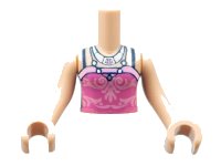 LEGO part Torso Mini Doll Girl Dark Pink Top with Bright Pink Filigree, Dark Blue Straps, 2 Silver Necklaces Pattern, Light Nougat Arms with Hands FTGpb215c01