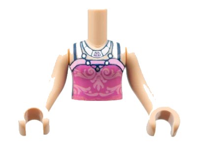 LEGO onderdeel Torso Mini Doll Girl Dark Pink Top with Bright Pink Filigree, Dark Blue Straps, 2 Silver Necklaces Pattern, Light Nougat Arms with Hands (FTGpb215c01)