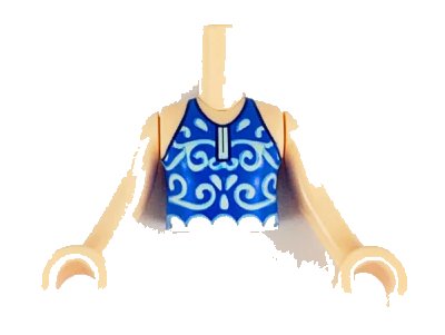 LEGO onderdeel Torso Mini Doll Girl Blue Swimsuit Top with Light Aqua Filigree and Scalloped Waist Pattern, Light Nougat Arms with Hands (FTGpb234c01)