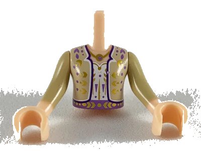 LEGO onderdeel Torso Mini Doll Girl White Shirt, Tan Jacket with Gold and Dark Purple Design Pattern, Light Nougat Arms with Hands with Tan Sleeves (FTGpb247c01)