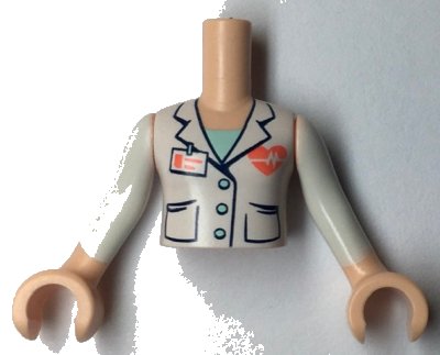 LEGO onderdeel Torso Mini Doll Girl White Jacket with 3 Buttons, Coral Name Tag and Beating Heart Pattern, Light Nougat Arms with Hands with White Sleeves (FTGpb265c01)