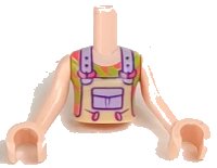 LEGO part Torso Mini Doll Girl Tan Overalls with Lavender Pocket and Straps over Coral and Lime Shirt Pattern, Light Nougat Arms with Hands FTGpb278c01