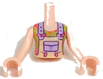LEGO onderdeel Torso Mini Doll Girl Tan Overalls with Lavender Pocket and Straps over Coral and Lime Shirt Pattern, Light Nougat Arms with Hands (FTGpb278c01)