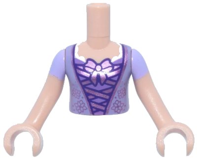 LEGO onderdeel Torso Mini Doll Girl Lavender Top with Metallic Pink Lacing and Bow Pattern, Light Nougat Arms with Hands with Lavender Sleeves (FTGpb291c01)