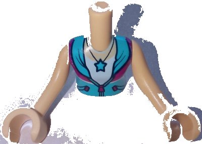 LEGO onderdeel Torso Mini Doll Girl Medium Azure and Magenta Jacket over White Shirt with Star Necklace, Tan Chest Pattern, Light Nougat Arms with Hands (ftgpb293c01)