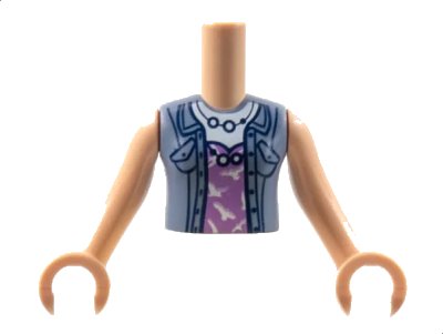LEGO onderdeel Torso Mini Doll Girl Medium Lavender Top with White Birds and High Neckline, Sand Blue Vest Pattern, Light Nougat Arms with Hands (FTGpb302c01)