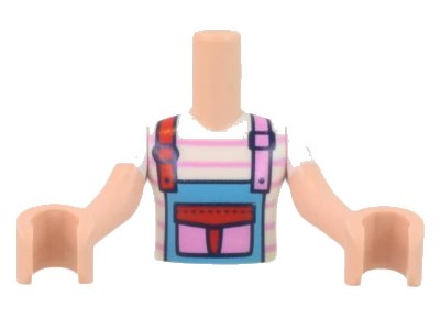 LEGO onderdeel Torso Mini Doll Girl White and Bright Pink Striped Shirt, Medium Azure Apron Pattern, Light Nougat Arms with Hands with White Short Sleeves (FTGpb364c01)