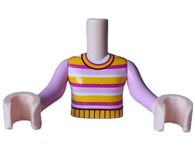 LEGO onderdeel Torso Mini Doll Girl Bright Pink, Magenta, White and Yellow Striped Sweater Pattern, Light Nougat Arms with Hands with Bright Pink Long Sleeves (FTGpb489c01)