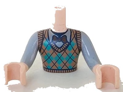 LEGO onderdeel Torso Mini Doll Man Knit Argyle Sweater Vest with Bow Tie Pattern, Light Nougat Arms with Hands with Sand Blue Sleeves (FTMpb051c01)