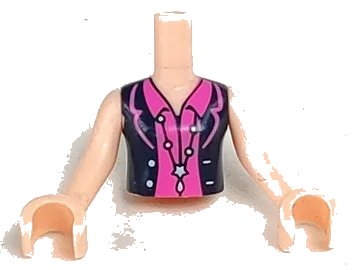 LEGO onderdeel Torso Mini Doll Woman Dark Blue Vest Open with Light Aqua Buttons over Dark Pink Shirt with Collar, Long Necklace with Star Pattern, Light Nougat Arms with Hands (FTWpb131c01)