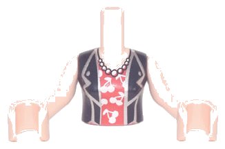 LEGO onderdeel Torso Mini Doll Woman Black Vest over Red Shirt with Cherries, Long Necklace Pattern, Light Nougat Arms with Hands (FTWpb347c01)