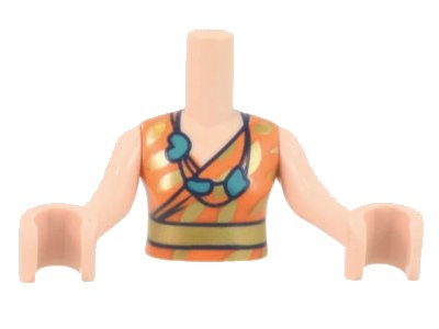 LEGO onderdeel Torso Mini Doll Woman Orange and Gold Sleeveless Shirt and Belt, Dark Turquoise Beaded Necklace Pattern, Light Nougat Arms with Hands (FTWpb365c01)