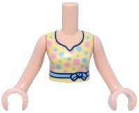 LEGO part Torso Mini Doll Woman Bright Light Yellow Dress Top, Black Trim, Bright Light Blue and Bright Pink Dots, Belt with Bow Pattern, Light Nougat Arms with Hands FTWpb389c01