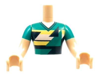 LEGO onderdeel Torso Mini Doll Man Dark Turquoise Shirt with Dark Blue Triangles Pattern, Light Nougat Arms with Hands with Dark Turquoise Sleeves (FTMpb056c01)