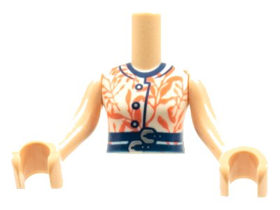 LEGO onderdeel Torso Mini Doll Woman White Top with Coral Leaves, 2 Dark Blue Belts with Silver Buckles Pattern, Light Nougat Arms with Hands (FTWpb003c01)