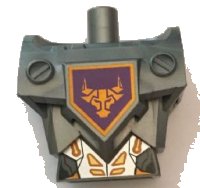 LEGO part Torso, Modificado Sobredimensionado con Armadura con Orificios de Pasador con Circuitería Naranja y Dorada #1 y Patrón Cabeza de Toro Naranja en Escudo Pentagonal Púrpura Oscuro 23763c01pb01