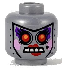 LEGO part Minifigure, Head Alien Female Robot with Black Rivets and Beauty Mark, Red Eyes and Lips, Open Mouth with Silver Teeth, Dark Purple Eye Shadow, and Bright Pink Cheeks Pattern 3626pb1048