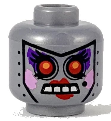 LEGO onderdeel Minifigure, Head Alien Female Robot with Black Rivets and Beauty Mark, Red Eyes and Lips, Open Mouth with Silver Teeth, Dark Purple Eye Shadow, and Bright Pink Cheeks Pattern (3626pb1048)