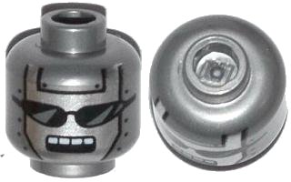 LEGO onderdeel Minifigure, Head Alien Robot with Silver Face, Black Sunglasses, Rivets, and Open Rectangular Mouth with White Teeth Pattern (3626pb1073)