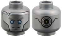 LEGO part Minifigure, Head Alien with Robot Silver with Blue Eyes, Gray Eyebrows and Crack, Circles on Back Pattern 3626pb1809