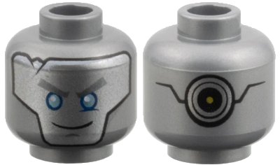 LEGO onderdeel Minifigure, Head Alien with Robot Silver with Blue Eyes, Gray Eyebrows and Crack, Circles on Back Pattern (3626pb1809)