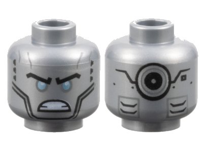LEGO part Minifigure, Head Alien Robot with Black Eyebrows, Metallic Light Blue Eyes, Cheek Lines, Angry Bared Teeth, Vents and Silver Circle on Back Pattern (3626pb2029)