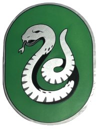 LEGO part Tile, Round 6 x 8 Oval with Slytherin Crest with Silver Snake on Green Background Pattern 65474pb09