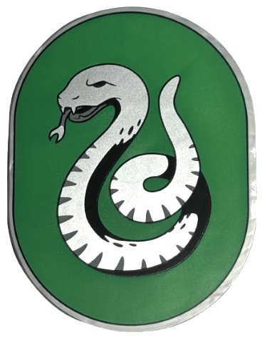 LEGO part Tile, Round 6 x 8 Oval with Slytherin Crest with Silver Snake on Green Background Pattern (65474pb09)