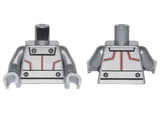 LEGO onderdeel Torso Silver Robot Panels with Red Lines and Black Rivets Pattern / Flat Silver Arms / Light Bluish Gray Hands (973pb2290c01)