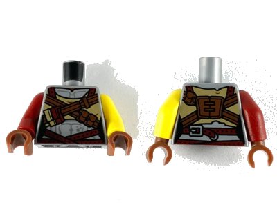 LEGO onderdeel Torso Female Muscles Outline, Reddish Brown Cross Straps, Dark Red Belt Pattern / Yellow Arm Left / Dark Red Arm Right / Reddish Brown Hands (973pb3452c01)
