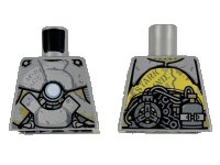 LEGO part Torso Clunky Asymmetrical Silver Armor, Metallic Light Blue Circle on Chest, Exposed Gear Pattern 973pb3483