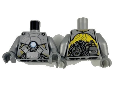 LEGO onderdeel Torso Clunky Asymmetrical Silver Armor, Metallic Light Blue Circle on Chest, Exposed Gear Pattern / Flat Silver Arms / Dark Bluish Gray Hands (973pb3483c01)