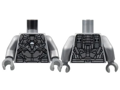 LEGO onderdeel Torso Armor, Silver Plates, Dark Bluish Gray Trim, White Trapezoid Pattern / Flat Silver Arms / Dark Bluish Gray Hands (973pb4752c01)