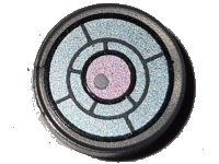 LEGO onderdeel Tile, Round 1 x 1 with Black, Dark Bluish Gray and Metallic Light Blue X-Ray Goggles with Metallic Pink Eye and White Glint Pattern 98138pb410