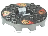 LEGO part Turntable 6 x 6 x 1 1/3 Round Base Serrated with Pearl Dark Gray Top and Gold, Red and Black Pattern (Ninjago Spinner) 98318c03pb01