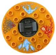 LEGO onderdeel Turntable 6 x 6 x 1 1/3 Round Base Serrated with Pearl Gold Top with Blue, Red and Silver Pattern (Ninjago Spinner) (98318c18pb01)