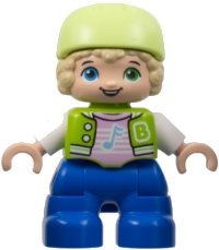 LEGO part Duplo Figure Lego Ville, Child Boy, Blue Legs, Lime Jacket with White Sleeves, Bright Pink Shirt, Yellowish Green Bicycle Helmet (6424661) 47205pb098