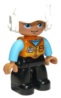 LEGO part Duplo Figure Lego Ville, Male, Black Legs, Orange Vest with Badge and Pocket, Medium Azure Arms, White Cap with Headset (6301361) 47394pb288
