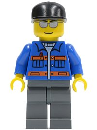 LEGO onderdeel Blue Jacket with Pockets and Orange Stripes, Dark Bluish Gray Legs, Black Cap, Silver Sunglasses cty0150