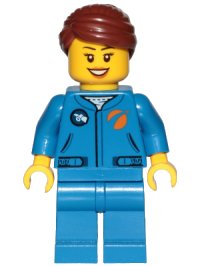 LEGO onderdeel Astronaut - Female, Blue Jumpsuit, Reddish Brown Hair Swept Back Into Bun, Open Mouth Smile cty1036