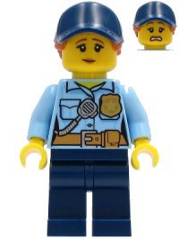 LEGO onderdeel Police - City Officer Female, Bright Light Blue Shirt with Badge and Radio, Dark Blue Legs, Dark Blue Cap with Dark Orange Ponytail, Pensive Smile cty1258