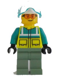 LEGO onderdeel Rescue Helicopter Pilot - Male, Dark Turquoise and Neon Yellow Safety Vest, Sand Green Legs, White Helmet, Trans-Light Blue Visor, Safety Glasses cty1344