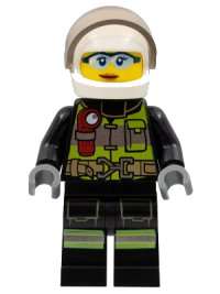 LEGO onderdeel Fire - Reflective Stripes with Utility Belt and Flashlight, White Helmet, Trans-Brown Visor, Safety Glasses, Peach Lips Closed Mouth Smile cty1355