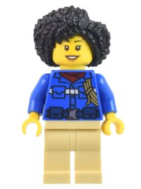 LEGO onderdeel Wildlife Rescue Ranger - Female, Blue Shirt with 'RESCUE' on Back, Tan Legs, Black Coiled Hair (Maya) cty1445
