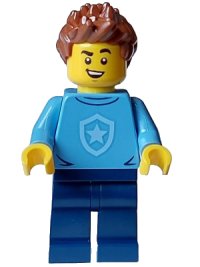 LEGO onderdeel Police - City Officer in Training Male, Medium Blue Shirt with Badge, Dark Blue Legs, Reddish Brown Hair, Open Mouth Smile cty1561
