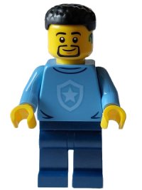 LEGO onderdeel Police - City Officer in Training Male, Medium Blue Shirt with Badge, Dark Blue Legs, Black Short Hair, Beard, Hearing Aid cty1563